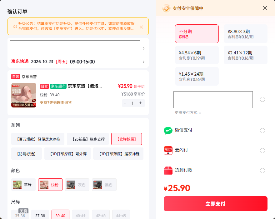 JD order confirmation and payment screen, with recipient and payment account details hidden. Example item options, available payment methods, total, and pay control are visible.